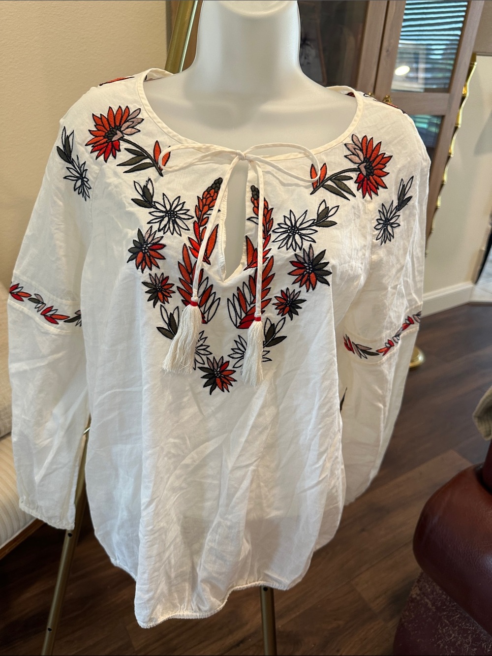 Tory Burch White Embroidered Floral blouse with Tie Neck